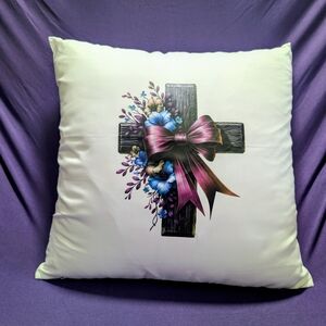 Floral Cross Decorative Throw Pillow - White with Purple Bow